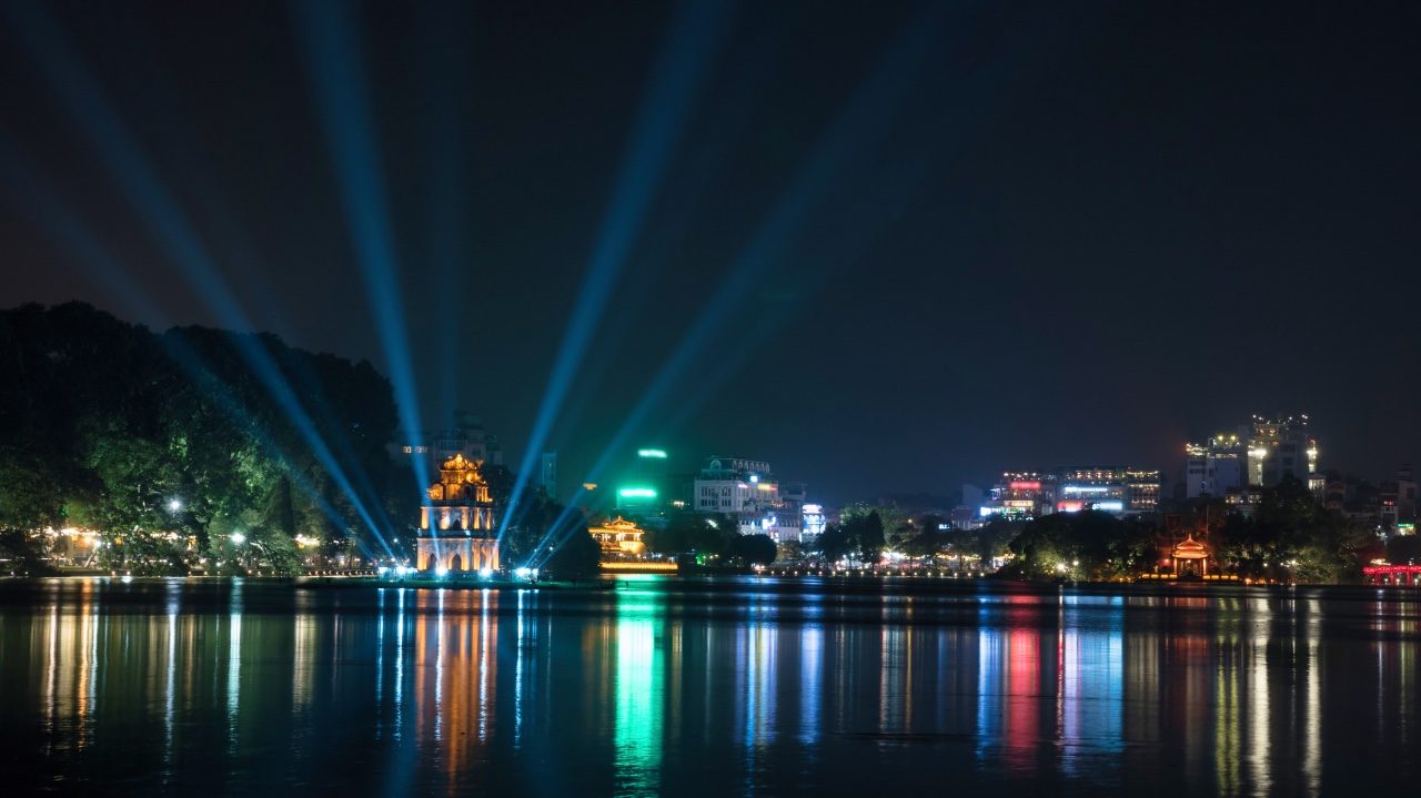 Hoan Kiem Lake in night Hanoi, Vietnam